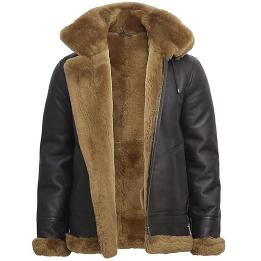 A black leather aviator-style jacket with a thick brown shearling lining, featuring a large collar, zippered front, and matching brown faux-fur trim on the cuffs and hem, shown against a plain white background.