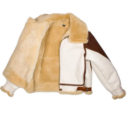 A shearling-style jacket with a warm beige sherpa lining, white leather body panels, and dark brown leather shoulder panels and trim, shown against a plain white background.