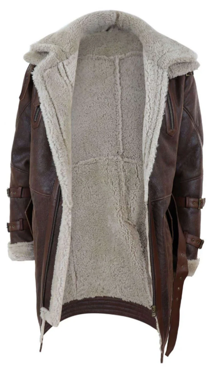 A brown leather aviator-style jacket with a thick cream-colored shearling lining, shown open against a plain white background.