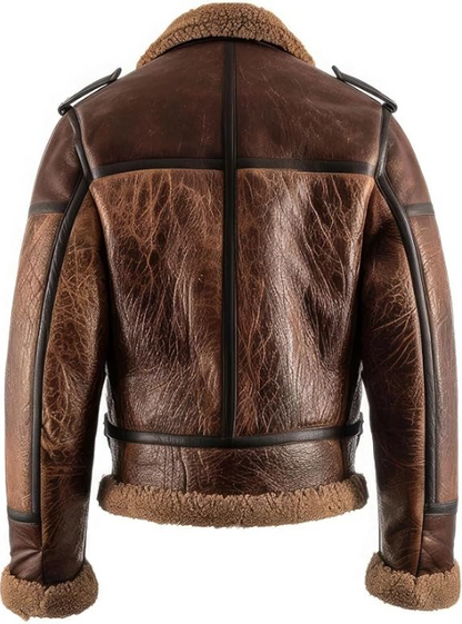 A brown leather aviator jacket with a thick brown shearling lining, shown from the back against a white background.