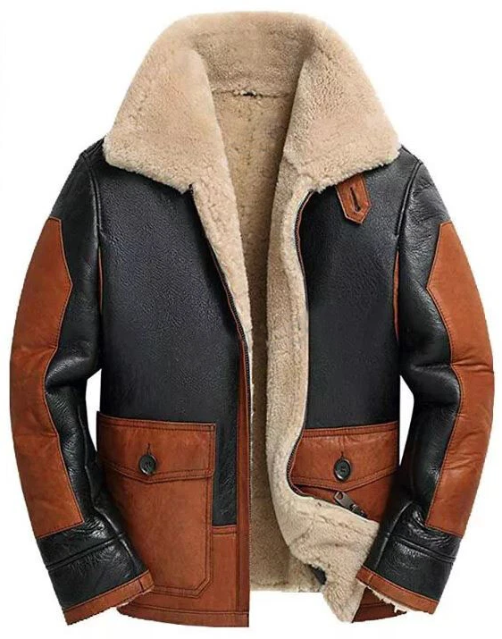 A men's shearling-lined aviator jacket featuring black and brown leather panels, a large beige shearling collar, and front flap pockets, shown on a plain white background.