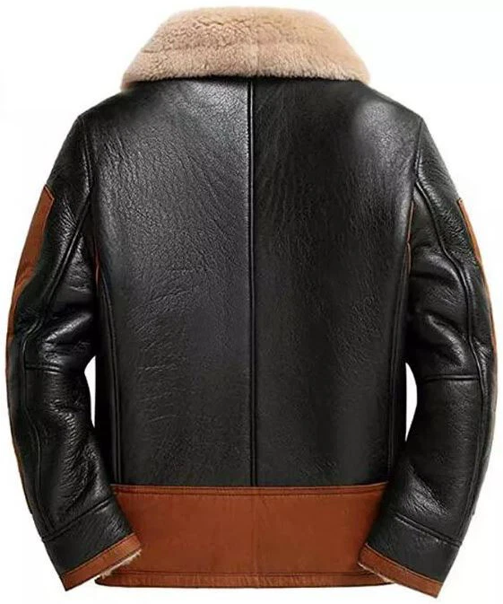 Black leather aviator jacket with a tan shearling collar and brown leather trim, shown from the back on a white background.