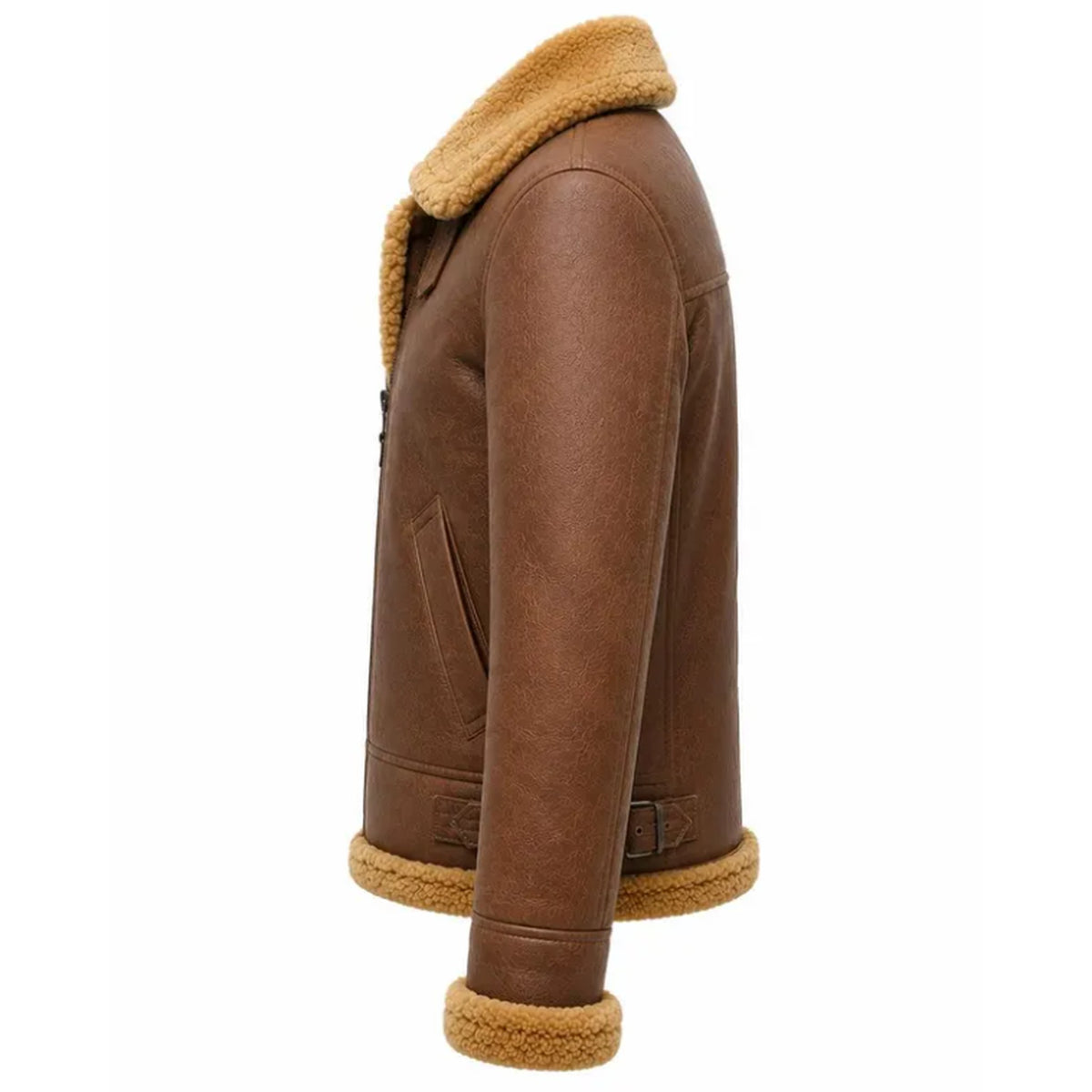 A brown leather shearling jacket shown from a side profile view against a solid white background.