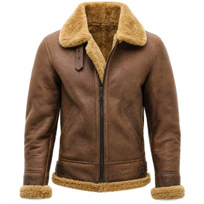 A brown shearling-lined aviator-style jacket with a tan fleece collar, zipper front, and matching tan shearling trim at the cuffs and hem, shown on a plain white background.