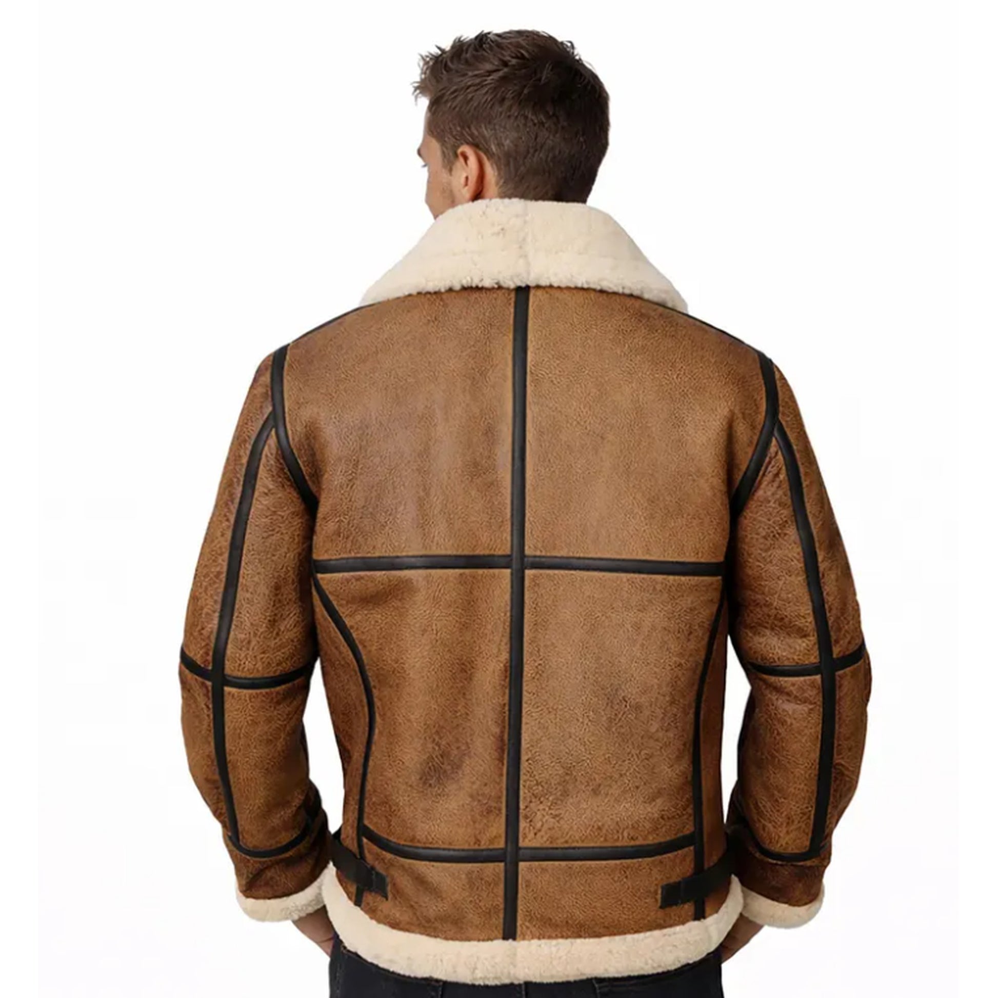 A man viewed from the back wearing a brown shearling-lined aviator jacket with black contrast stitching and a cream-colored collar and lining.