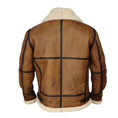 Brown shearling leather jacket shown from the back, featuring a cream-colored fleece collar, lining, and trim with black contrast stitching.