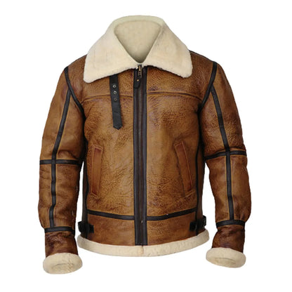 A brown leather aviator-style jacket with a cream-colored shearling lining on the collar, cuffs, and hem, featuring black contrast stitching and a front zipper.
