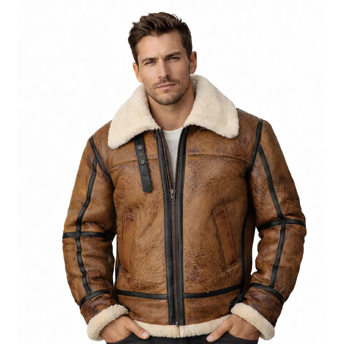 A man wearing a brown textured leather aviator jacket with a thick cream-colored shearling collar and lining, photographed against a solid white background.