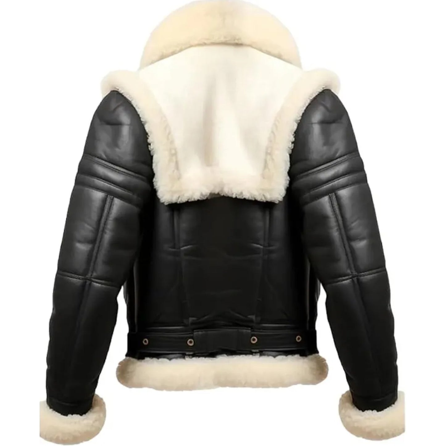 Black faux leather aviator jacket with thick cream shearling lining on the hood, collar, cuffs, and hem, shown from the back on a white background.