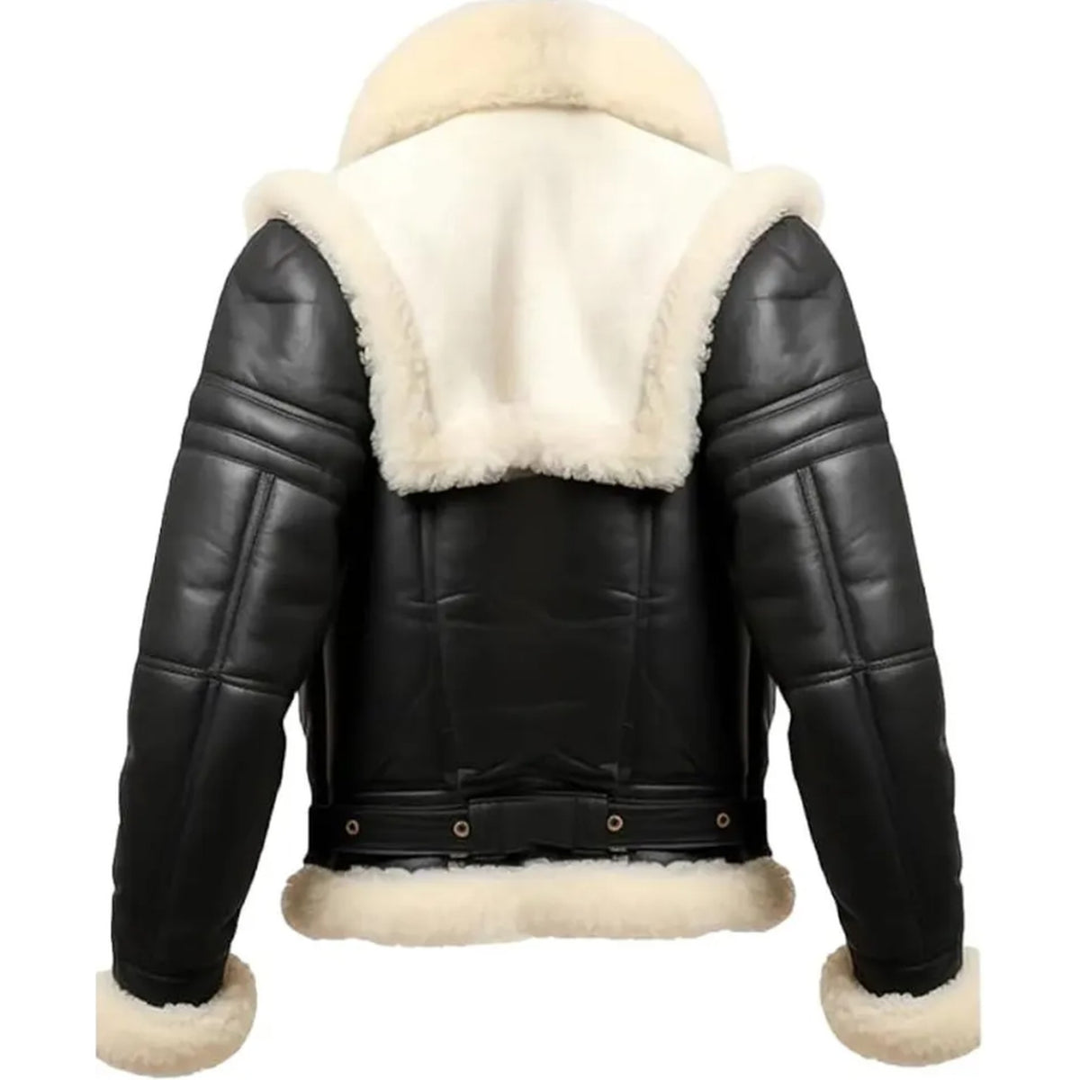 Black faux leather aviator jacket with thick cream shearling lining on the hood, collar, cuffs, and hem, shown from the back on a white background.