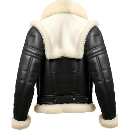 Black faux leather aviator jacket with thick cream shearling lining on the hood, collar, cuffs, and hem, shown from the back on a white background.