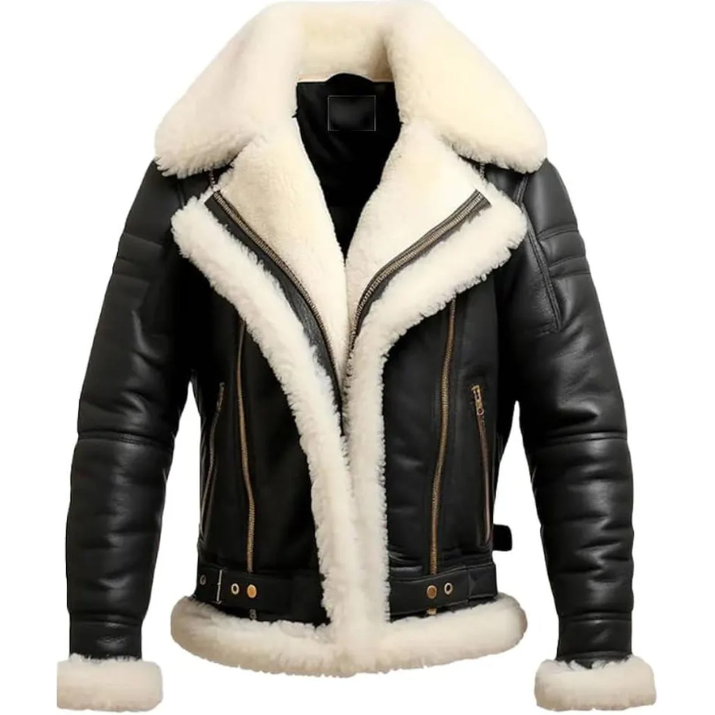 Black faux leather aviator jacket with thick white shearling lining on the collar, front zipper, pockets, cuffs, and hem, shown on a plain white background.