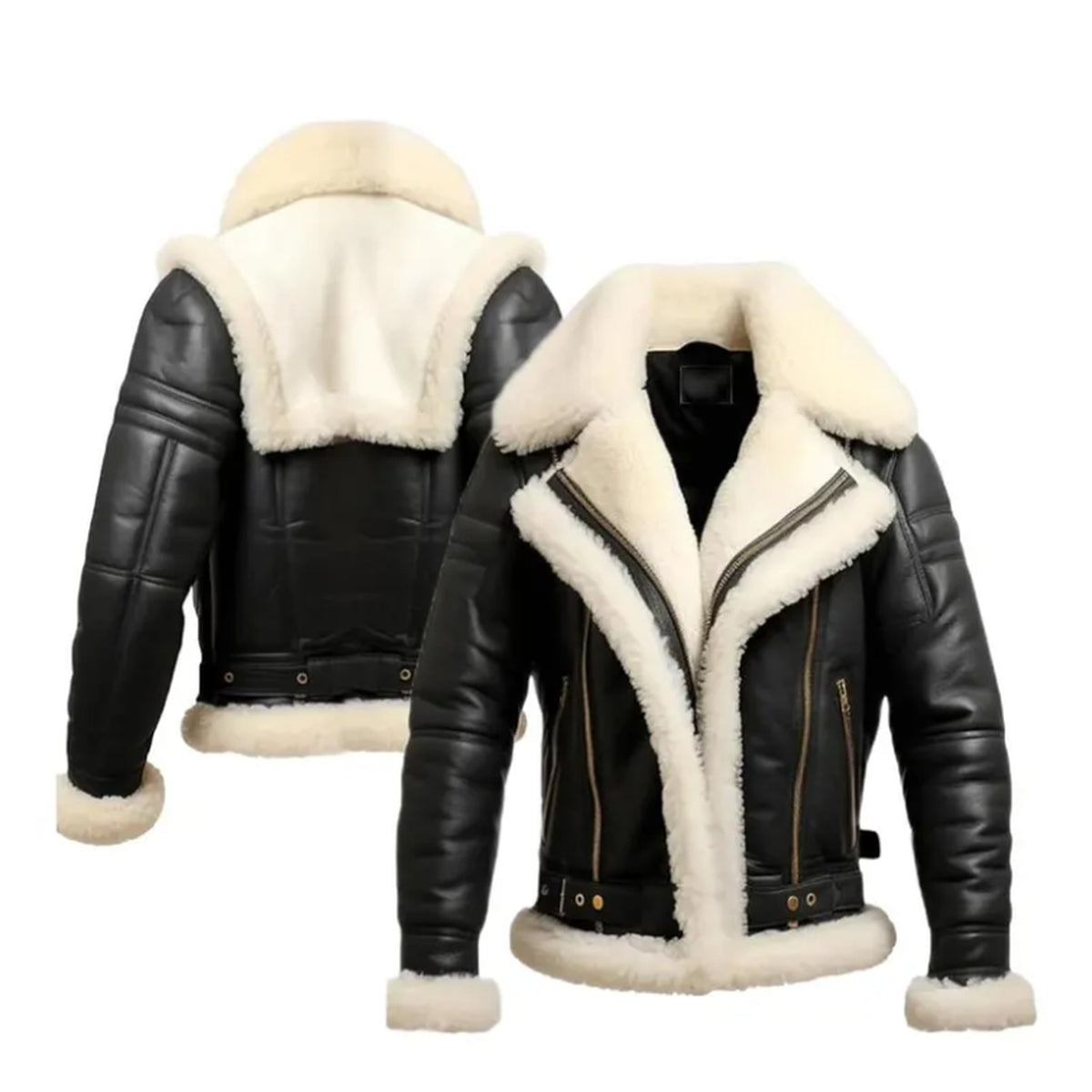 Black faux-leather aviator jacket with thick cream shearling lining on the hood, collar, cuffs, and hem, shown from both front and back views against a white background.