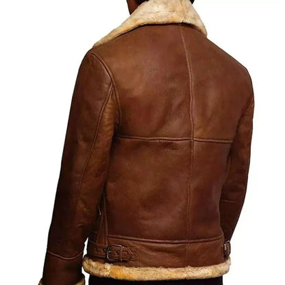 Brown leather aviator jacket with beige shearling lining, shown from the back on a model against a white background.