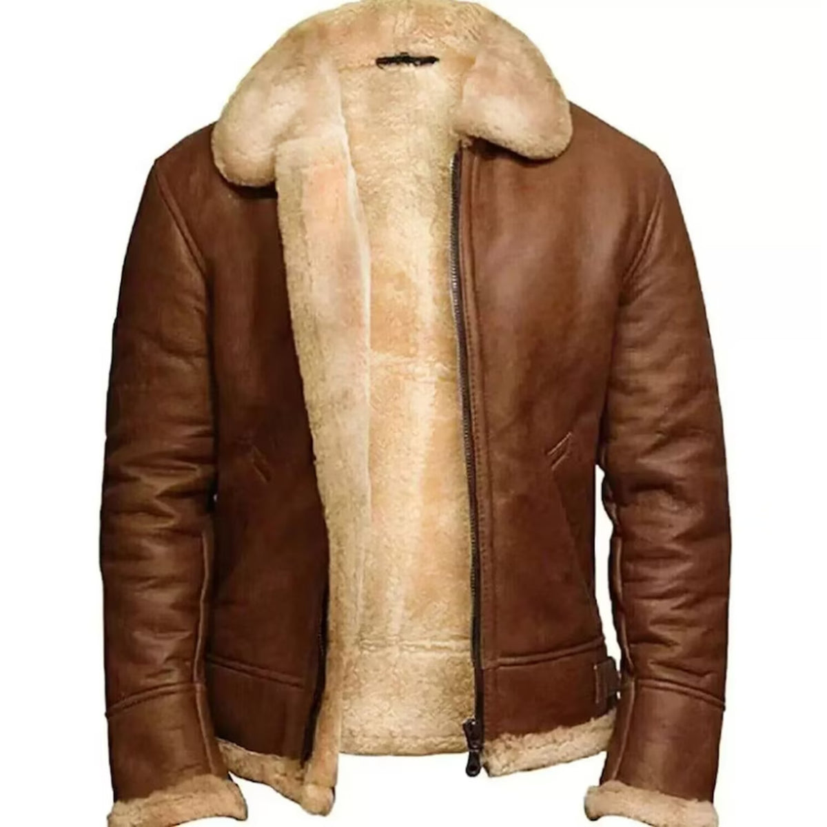 A brown leather aviator-style jacket with a thick beige shearling lining, shown against a plain white background.
