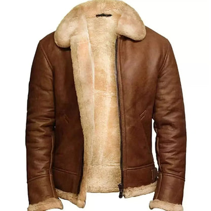 A brown leather aviator-style jacket with a thick beige shearling lining, shown against a plain white background.