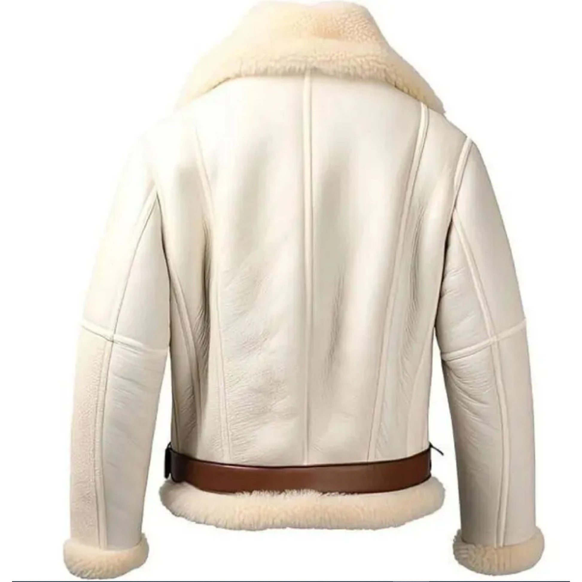 Back view of a cream-colored shearling-lined jacket with a brown leather belt, shown on a plain white background.