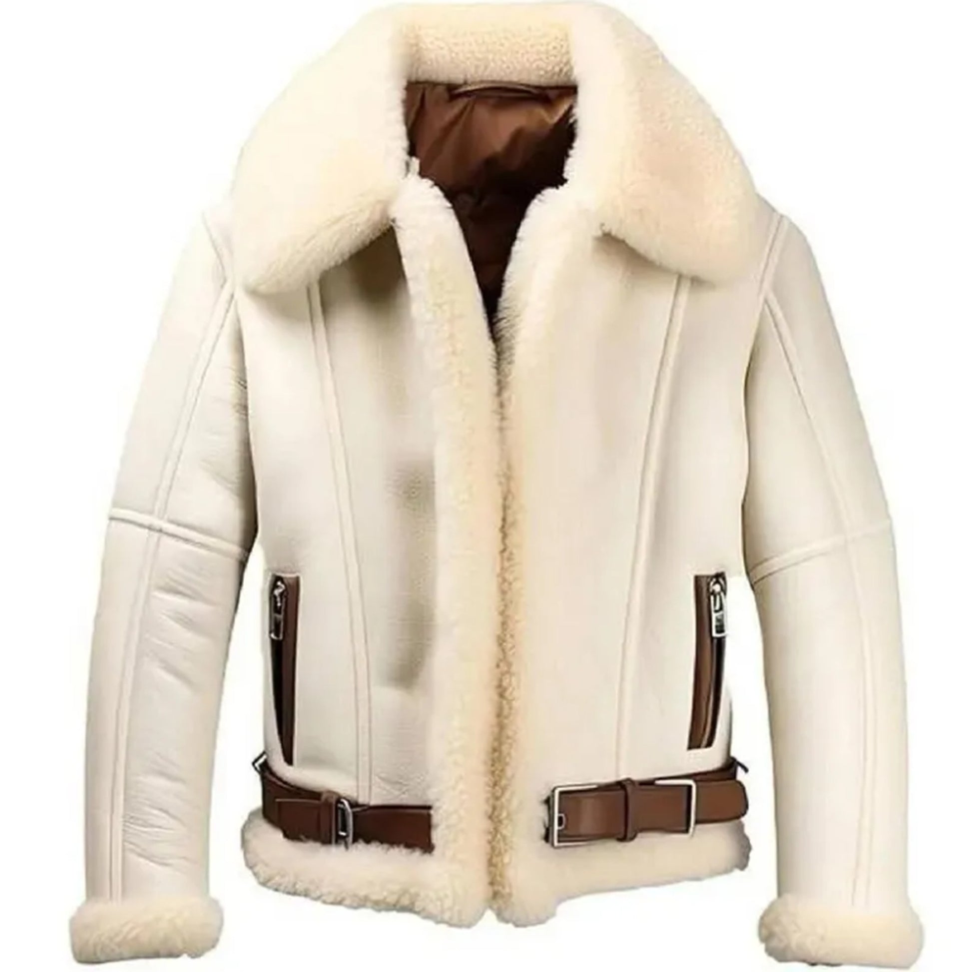 An off-white shearling faux-leather jacket with a brown interior lining, brown belt, and brown zipper details, shown against a plain white background.