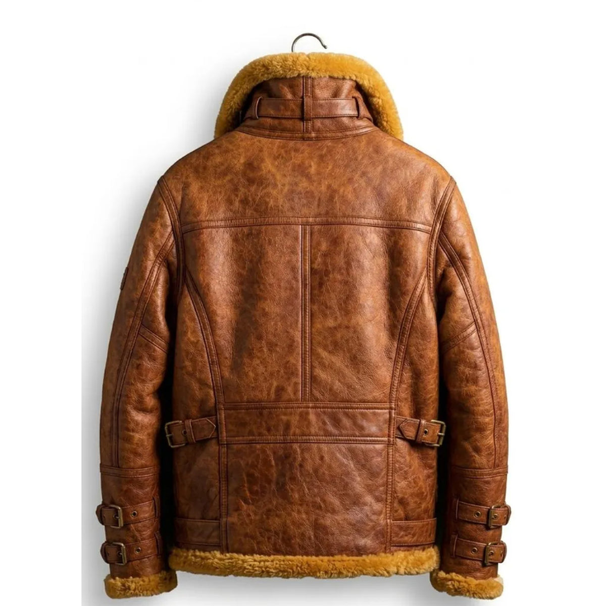 Brown leather aviator jacket with a tan shearling lining, shown from the back on a white background.