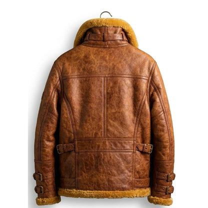Brown leather aviator jacket with a tan shearling lining, shown from the back on a white background.