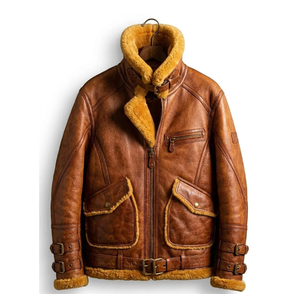A brown leather aviator-style jacket with a thick tan shearling lining, featuring a front zipper, zippered chest pocket, and two large flap pockets on the front.
