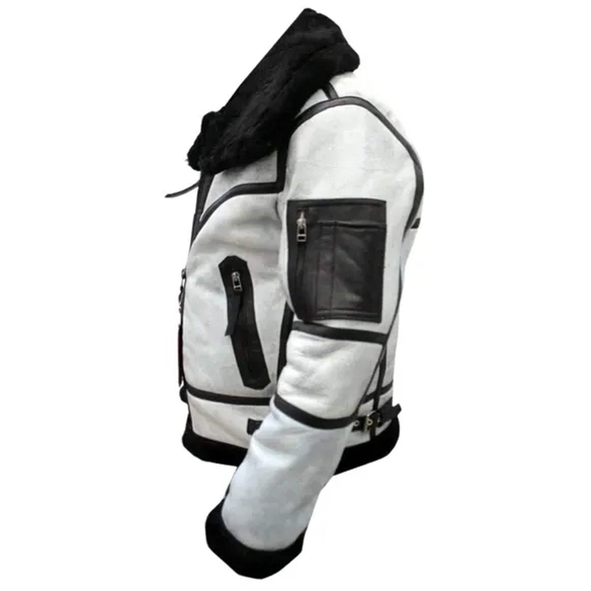 A white and black motorcycle jacket with faux fur lining, black leather-look trim, and multiple zippered pockets, shown from a side profile view on a white background.