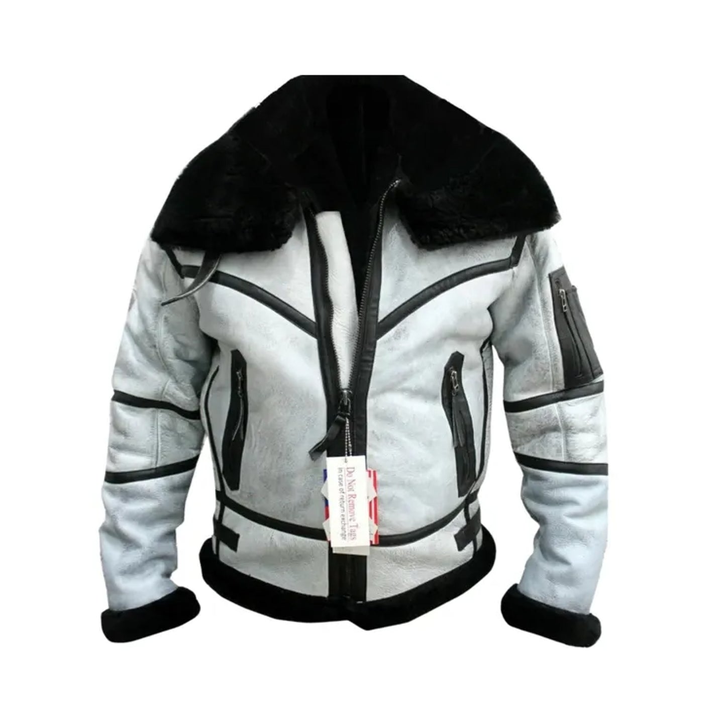 A light gray shearling-style jacket with a large black faux-fur collar, black zipper trim, and black trim details, shown against a plain white background.