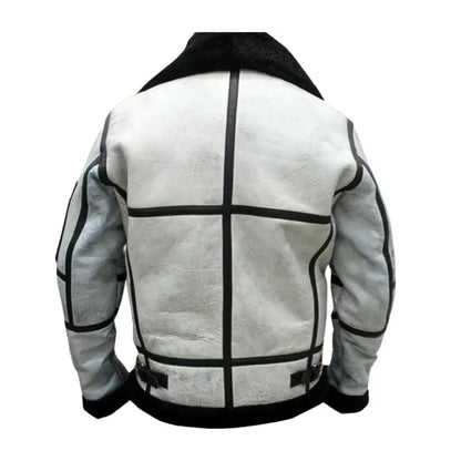 A light gray leather jacket with black contrast stitching, a black collar, and black trim details, shown from the back on a white background.