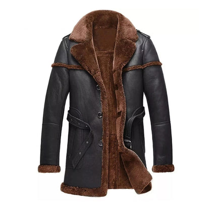 A men's shearling-lined coat with a dark brown faux-leather exterior and a plush brown fur collar, cuffs, and hem, shown on a plain white background.