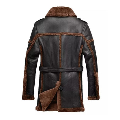 A dark brown leather shearling coat with a brown faux-fur collar, cuffs, and hem, shown from the back on a white background.