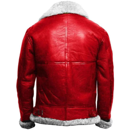 A red leather jacket with a gray faux-fur collar and cuffs, shown from the back on a white background.