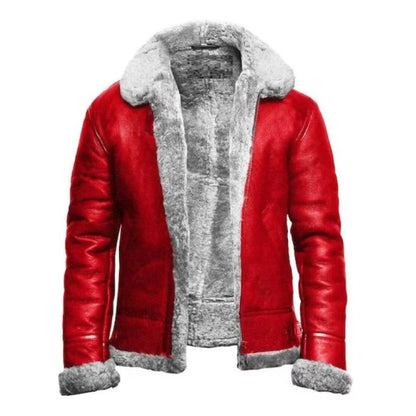 A red faux-leather jacket with a thick gray faux-fur collar, lining, and cuffs, displayed on a solid white background.