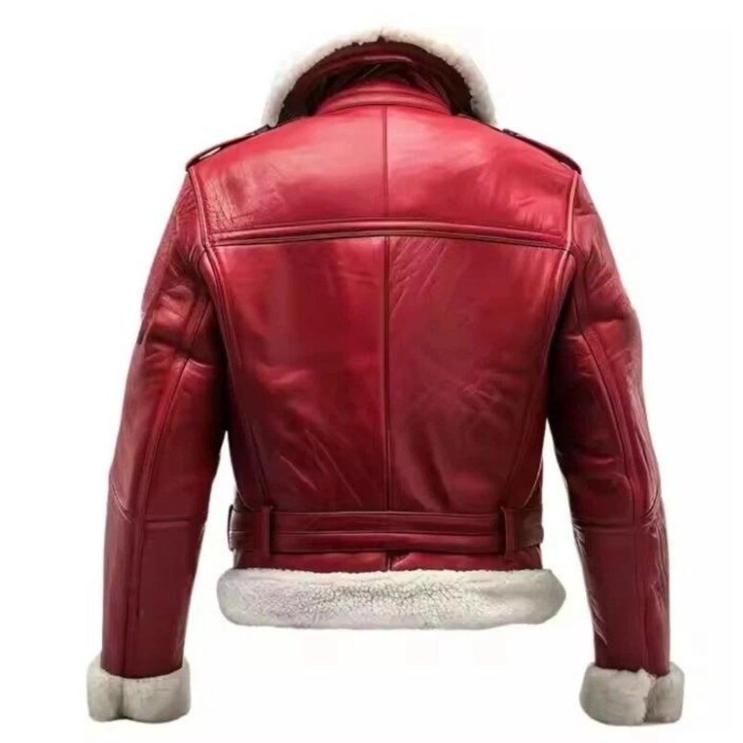 A red leather aviator-style jacket with white shearling lining on the collar, hem, and cuffs, shown from the back against a plain white background.