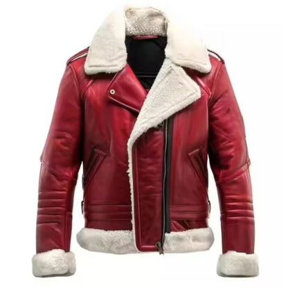 A red leather aviator-style jacket with a thick white shearling lining on the collar, front, hem, and cuffs, shown against a plain white background.