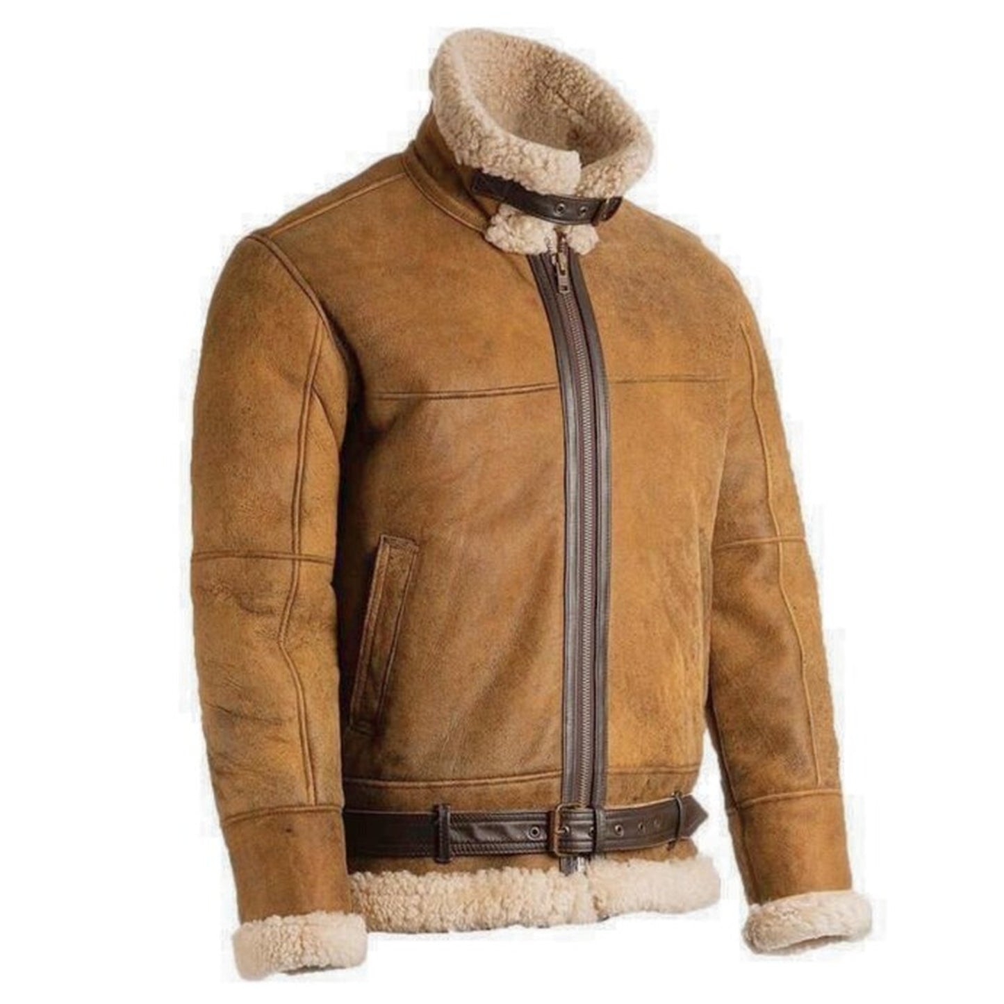A brown suede aviator-style jacket with a high collar, beige shearling lining, and a dark brown zipper and belt, shown on a plain white background.
