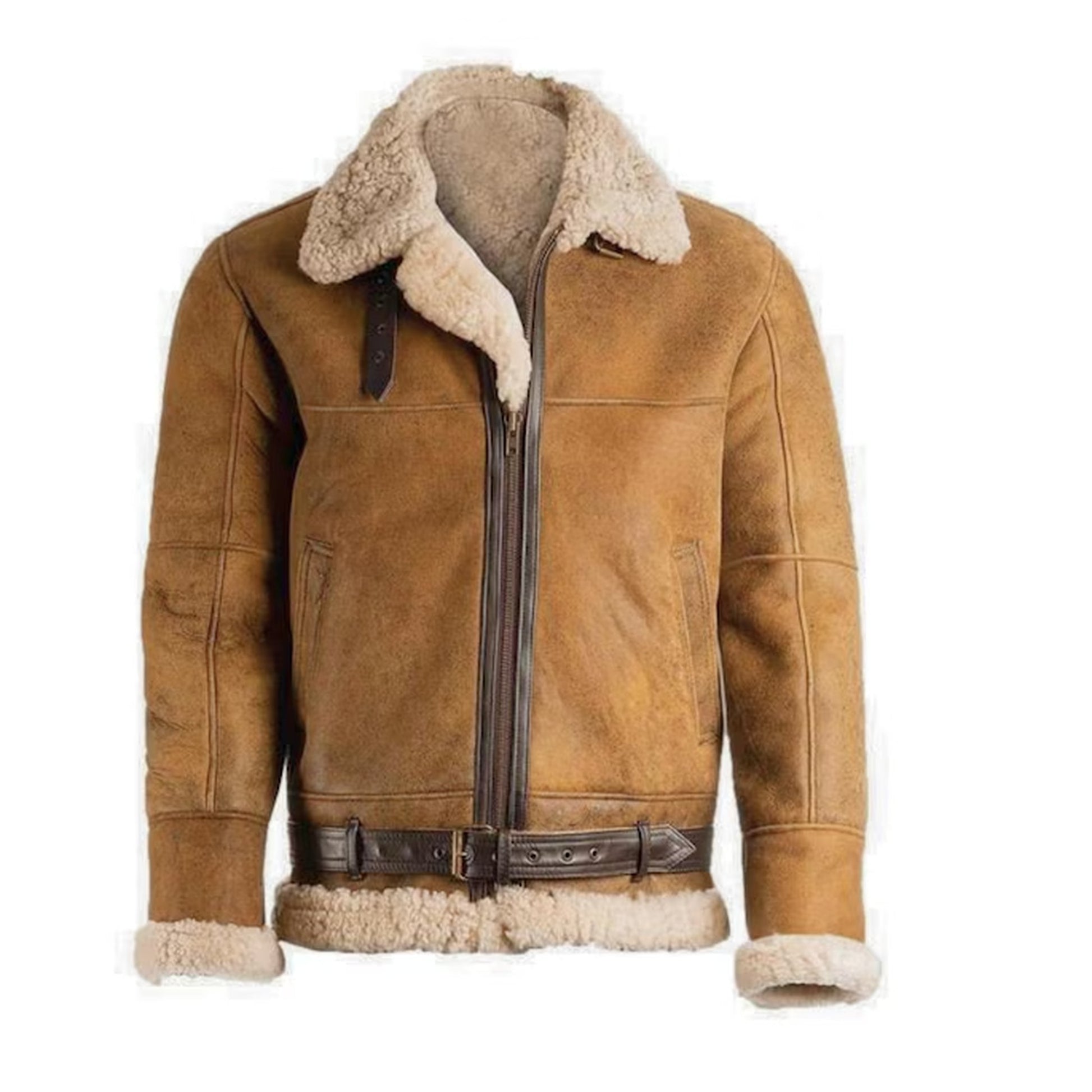 A tan shearling-lined aviator-style jacket with a dark brown zipper, matching dark belt, and light beige fleece collar and cuffs, shown on a plain white background.