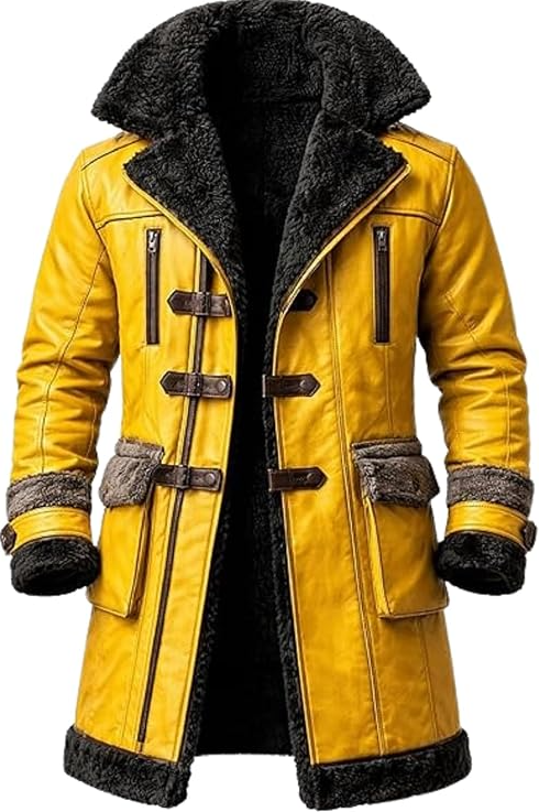 A men's mid-length yellow faux-leather coat with a black faux-fur collar, cuffs, and hem, featuring toggle closures and zippered pockets.