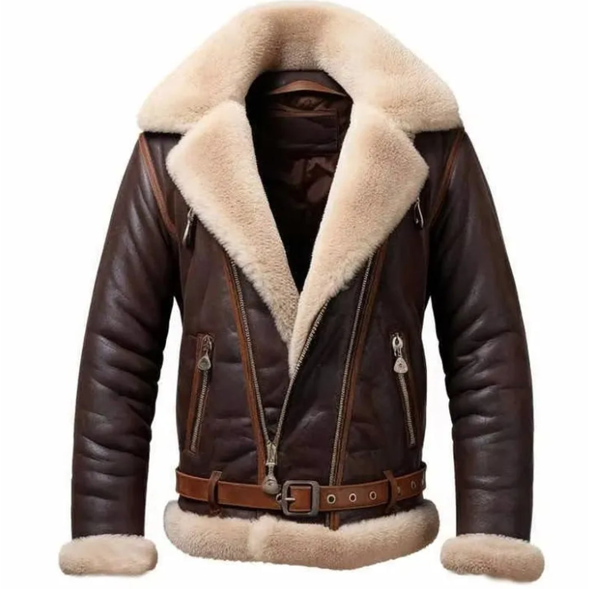 A dark brown leather aviator jacket with a thick beige shearling lining on the collar, cuffs, and hem, featuring a matching brown leather belt with silver buckles.