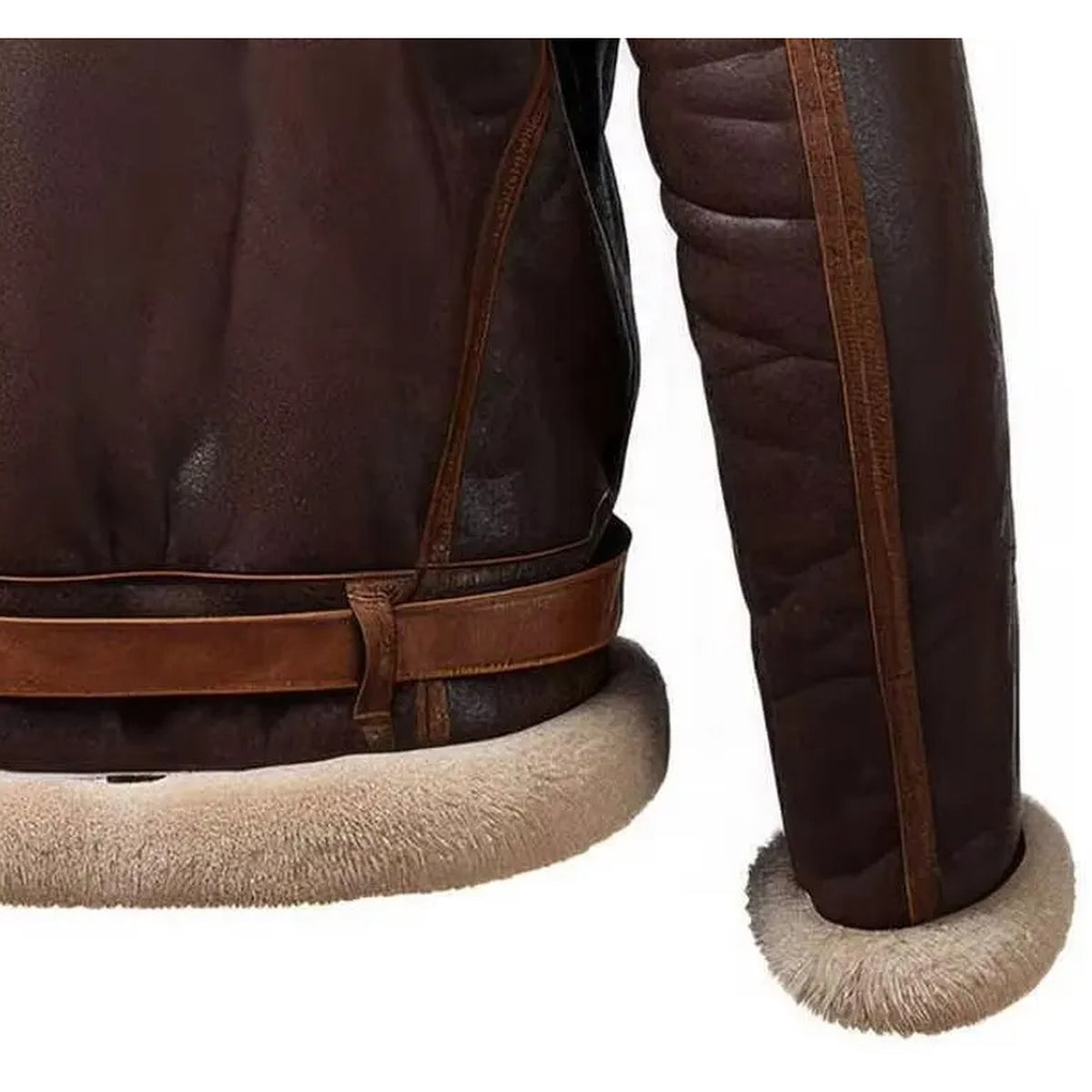 Close-up of a dark brown leather jacket showing the sleeve cuff with a thick beige shearling lining, the waist belt, and the back panel with matching lining.