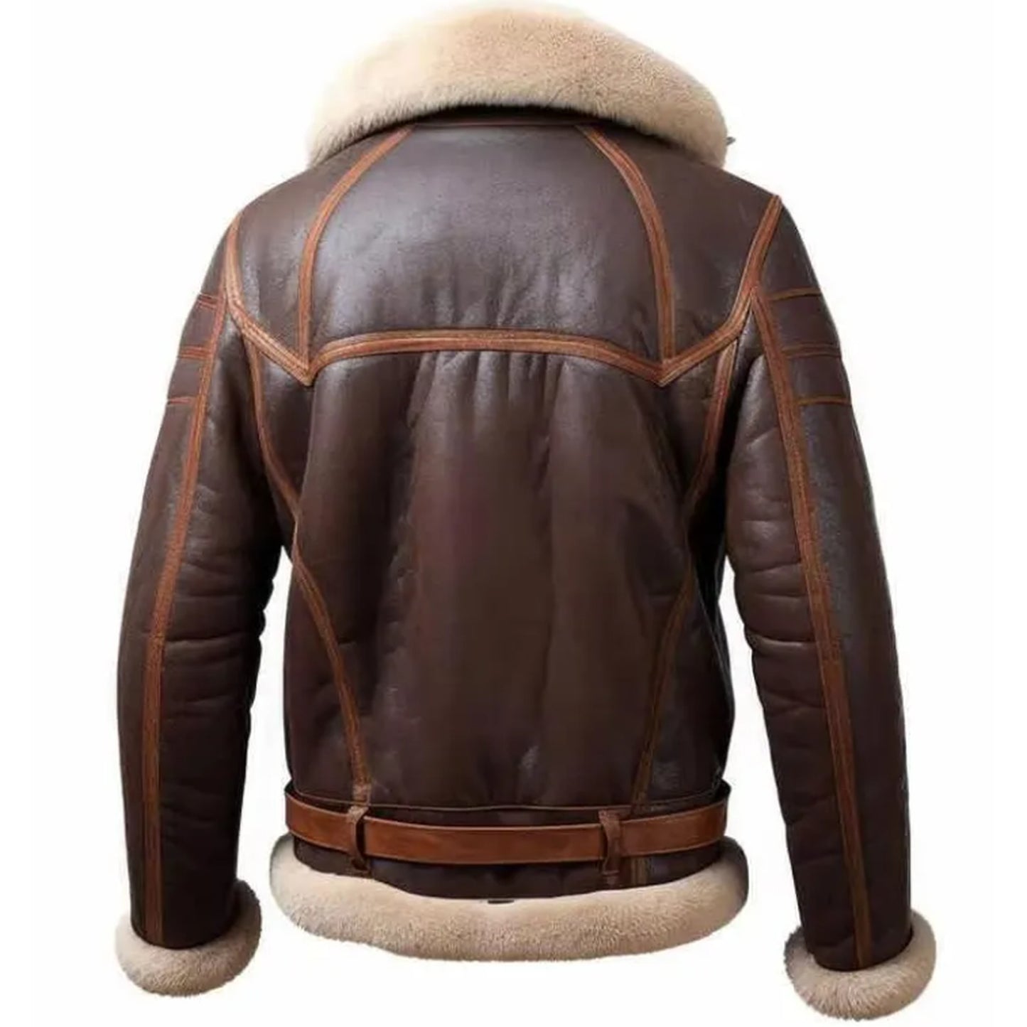 Brown leather aviator jacket with beige shearling lining on the collar, cuffs, and hem, shown from the back on a white background.