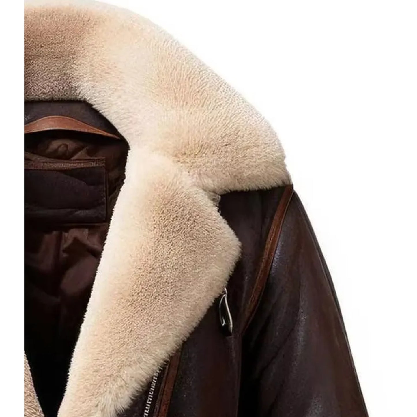 Close-up of a dark brown leather jacket with a thick, fluffy cream-colored shearling-style collar and lining.