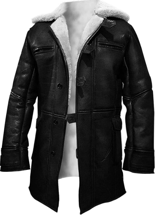 A black faux-leather jacket with a white shearling-style collar, displayed on a white mannequin torso against a plain white background.