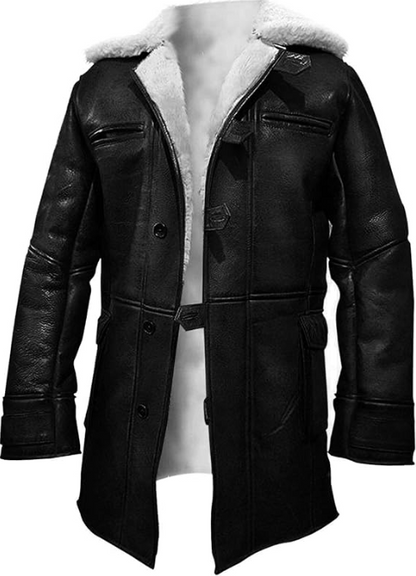 A black faux-leather jacket with a white shearling-style collar, displayed on a white mannequin torso against a plain white background.