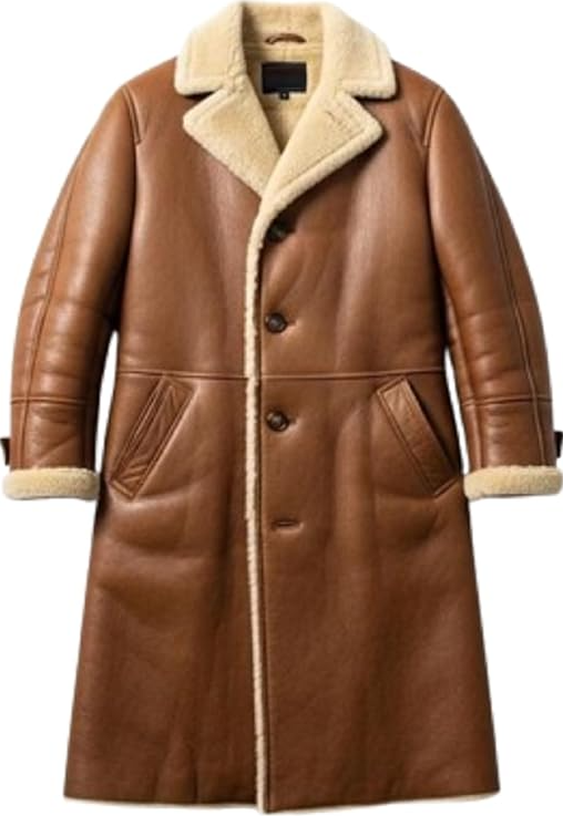 A brown leather shearling coat with a cream-colored fleece lining on the collar, cuffs, and front placket, featuring a button-up front and large front patch pockets.