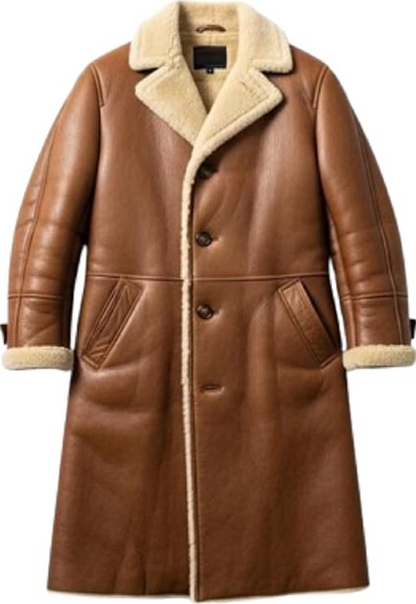 A brown leather shearling coat with a cream-colored fleece lining on the collar, cuffs, and front placket, featuring a button-up front and large front patch pockets.