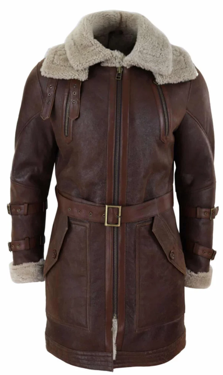 A dark brown leather jacket with a thick beige shearling lining on the collar and cuffs, featuring a front zipper, a matching leather belt with a gold buckle, and multiple flap pockets.
