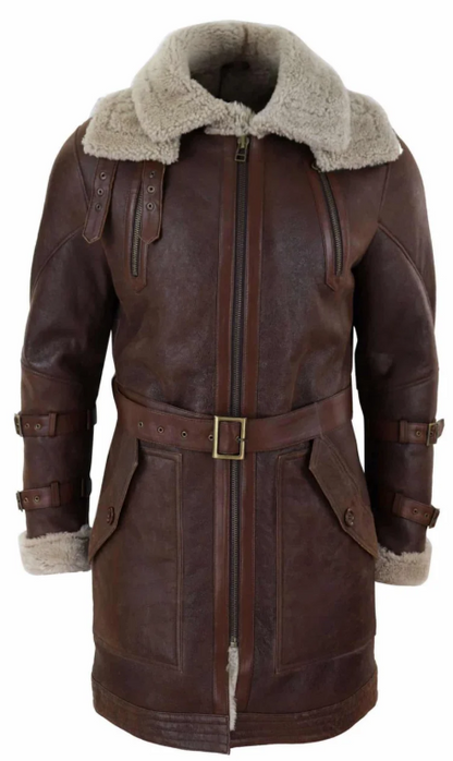 A dark brown leather jacket with a thick beige shearling lining on the collar and cuffs, featuring a front zipper, a matching leather belt with a gold buckle, and multiple flap pockets.