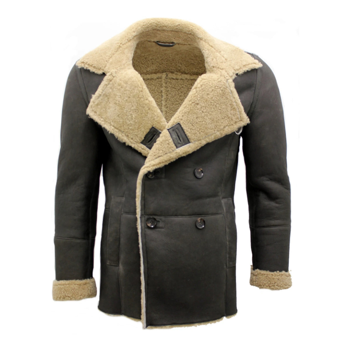 A men's double-breasted shearling coat in dark brown with a beige sherpa lining, featuring a wide collar, button front, and ribbed cuffs.