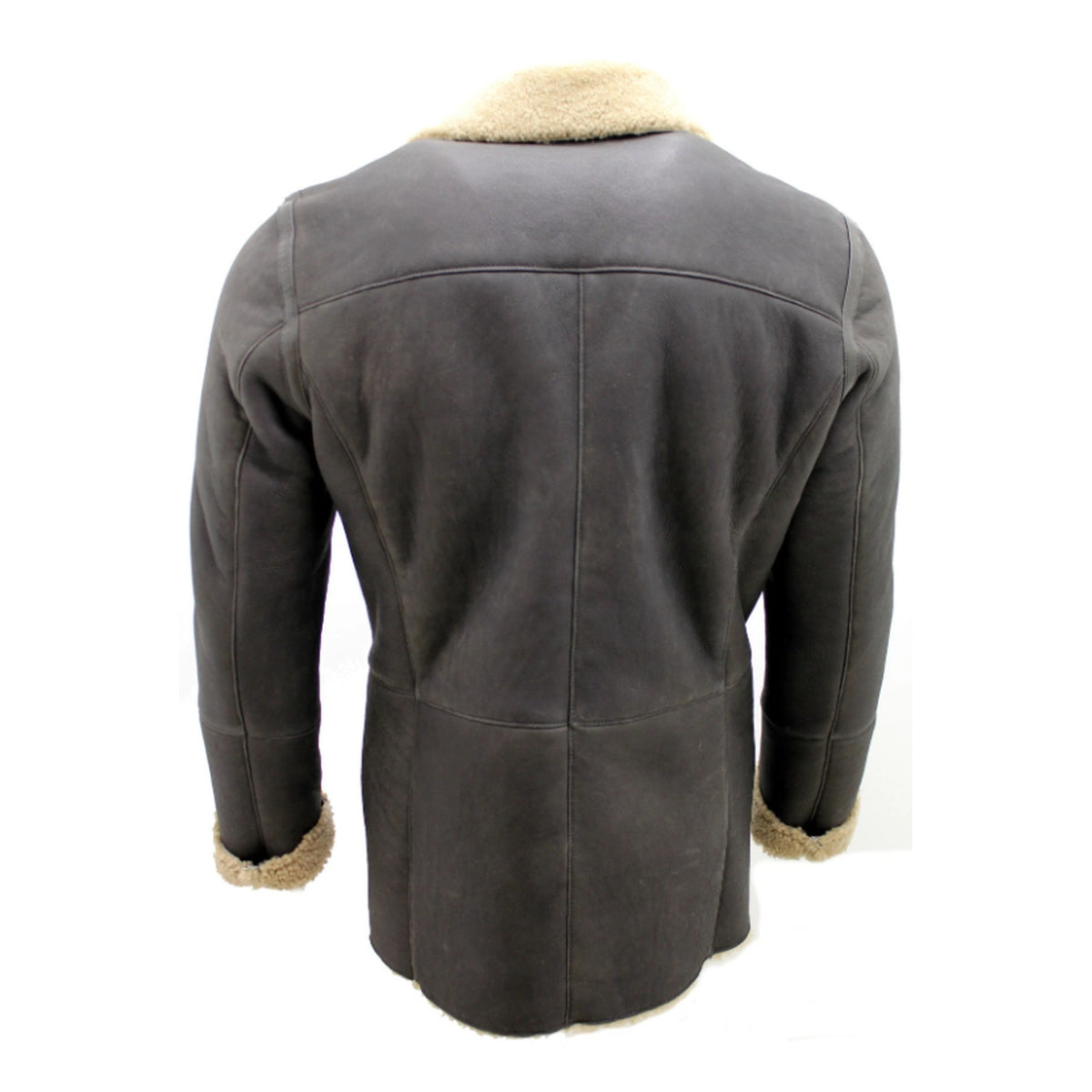 A dark gray shearling-lined jacket shown from the back, featuring a soft beige fleece collar and matching lining at the cuffs, displayed on a white background.