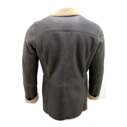 A dark gray shearling-lined jacket shown from the back, featuring a soft beige fleece collar and matching lining at the cuffs, displayed on a white background.